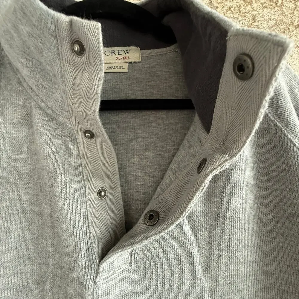 J Crew Sweater‎ Mens XL Tall Quarter Snap Mock Neck Gray Pullover 100% Cotton